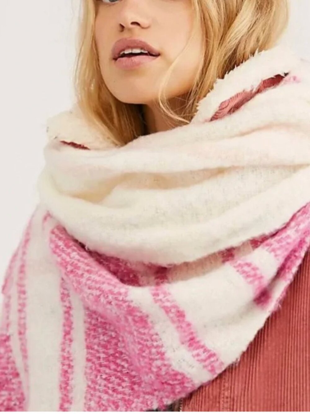 Free People Women's Gemini Plaid Blanket Scarf In Fuchsia, Baby Pink and Cream